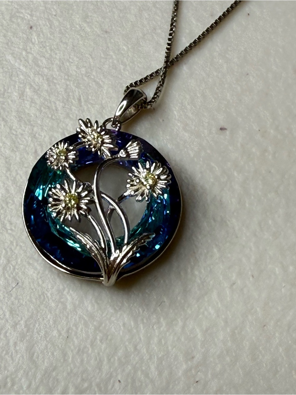 Italy 925 Sterling Silver Blue Iridescent Floral Pendant Necklace S925 - Picture 12 of 12